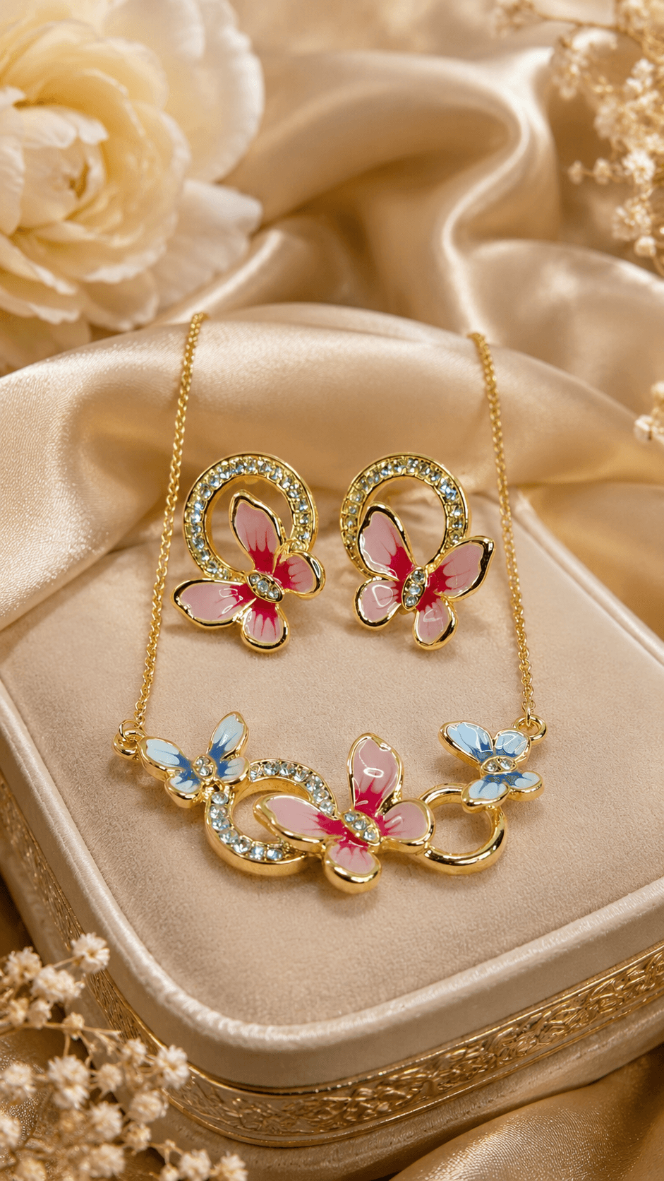A colourful butterfly jewellery set arranged on a cream jewellery box